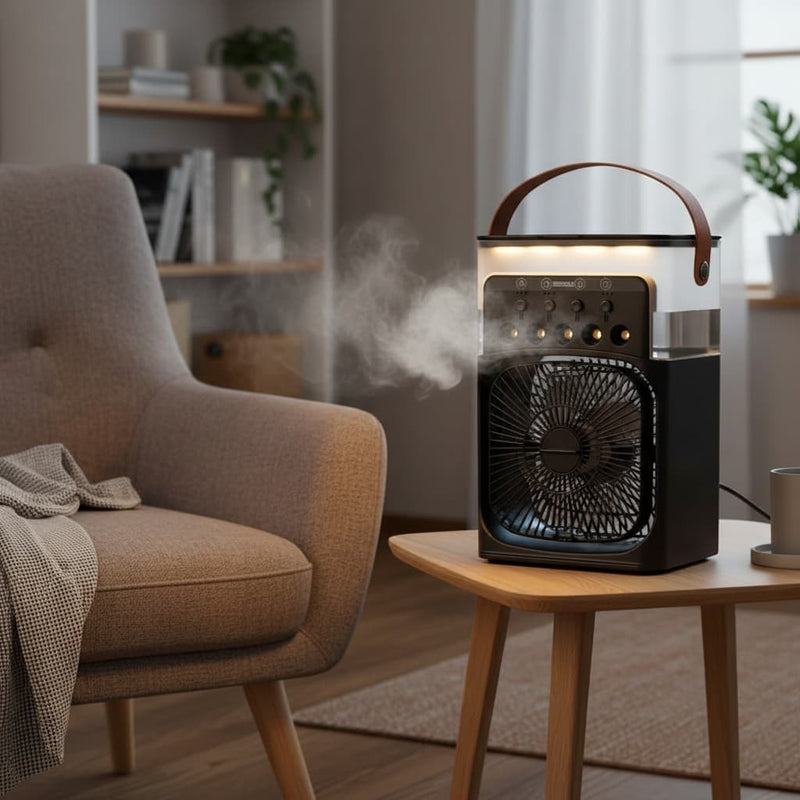 Climatizador e Ventilador Portátil 3 em 1 com LED RGB – Reservatório 500ml e Alça de Transporte