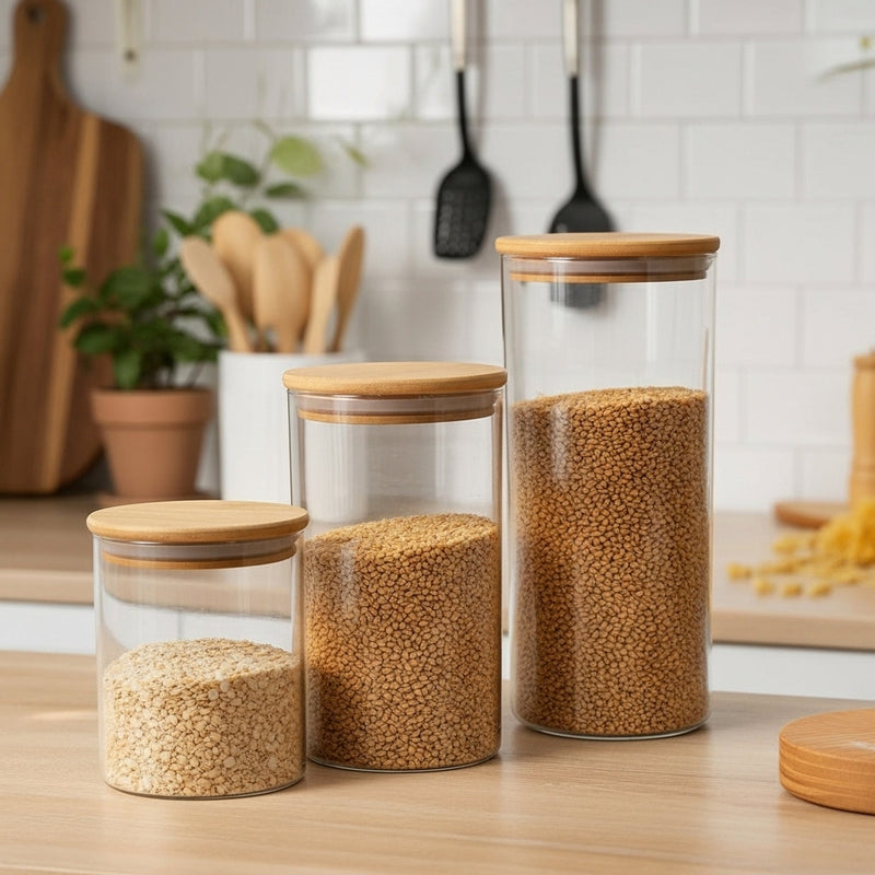 Kit Organização Premium – 3 Potes de Vidro Borossilicato com Tampa de Bambu Hermética
